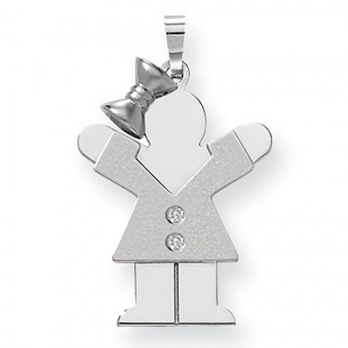 14k White Gold Love Pendant - Girl with Large Bow in V-Neck Dress