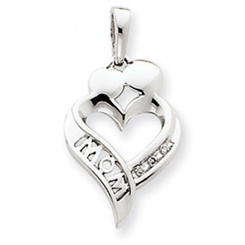 14k White Gold Mom Heart Ribbon Design Mom Pendant