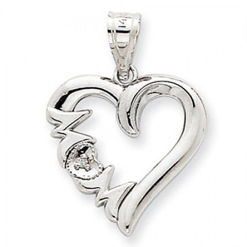 14k White Gold Diamond Satin Polished Mom Pendant