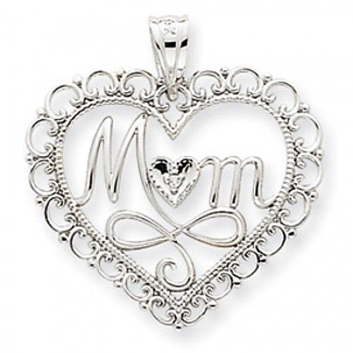 14k White Gold Diamond Ribbon Designed Mom Pendant