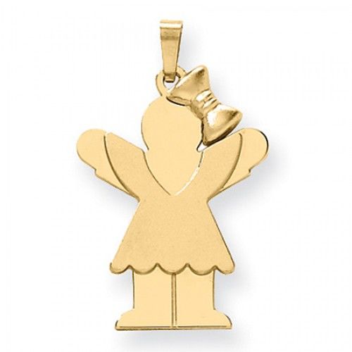 14k Yellow Gold Loving Girl in V-Neck Dress and Bow Love Pendant