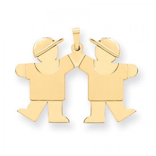 14k Yellow Gold Two Boys Wearing Caps Kiss Pendant