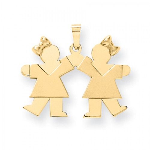 14k Yellow Gold High Fiving Girls in Bows Kiss Pendant