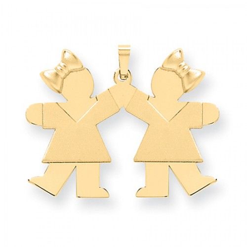 14k Yellow Gold High Fiving Girl Friends in Bows Kiss Pendant