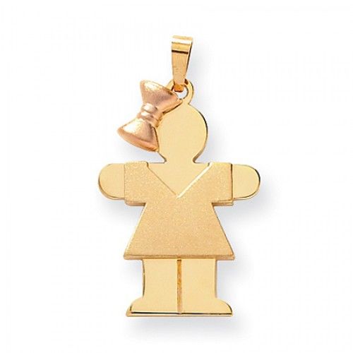14k Rose and Yellow Gold Hug Pendant - Small Girl with V-Neck Dress and Bow