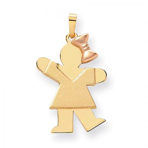 14k Rose and Yellow Gold Kiss Pendant - Small Girl with V-Neck Dress and Bow