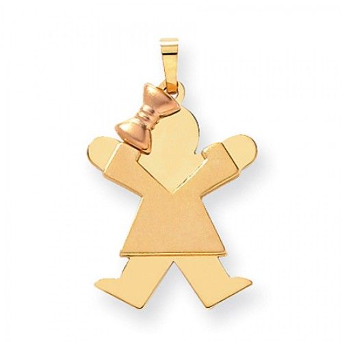 14k Rose and Yellow Gold Joy Pendant - Small Girl with V-Neck Dress and Bow