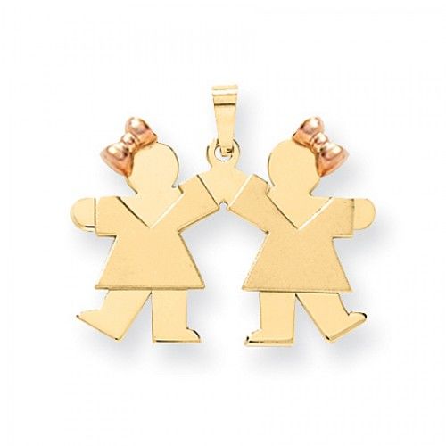14k Rose and Yellow Gold Kiss Pendant - Two Small Girls Holding Hands