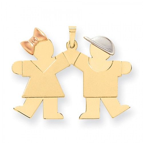 14k Tri Color Gold Kiss Pendant - Darling Girl and Boy Holding Hands