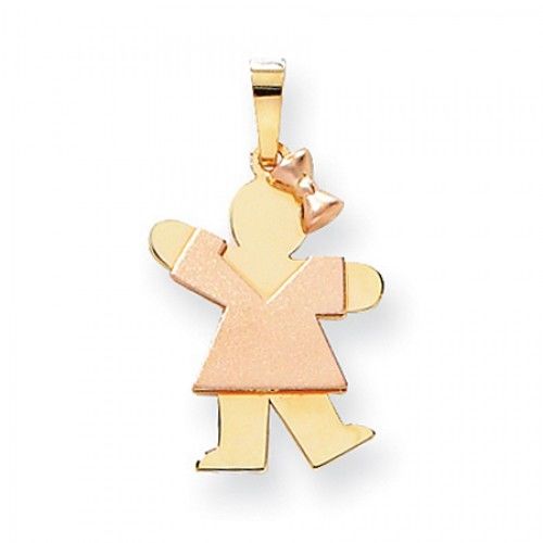 Two-Tone Waving Girl W/ Ribbon Kiss Pendant in 14k Rose & Yellow Gold