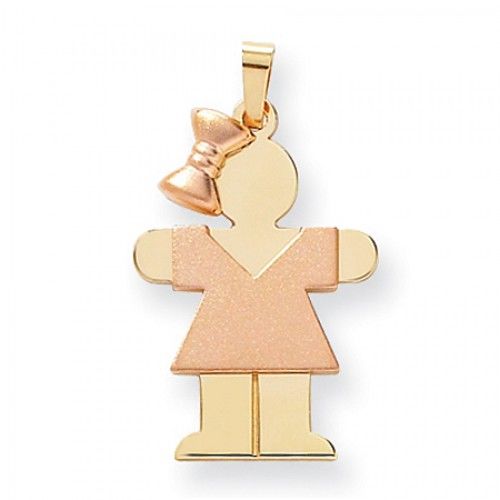 Two-Tone Standing Girl W/ Lovely Ribbon Hug Pendant in 14k Rose & Yellow Gold