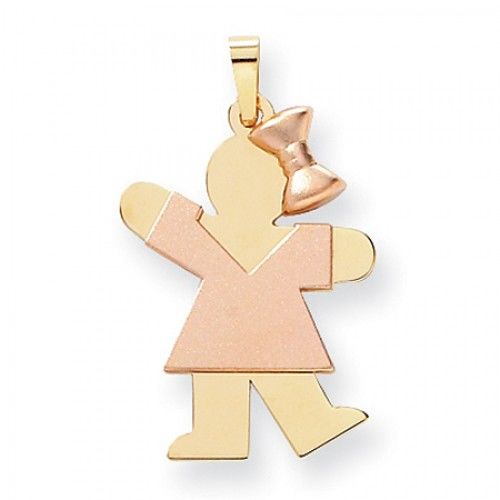 Two-Tone Waving Girl W/ Cute Ribbon Kiss Pendant in 14k Rose & Yellow Gold