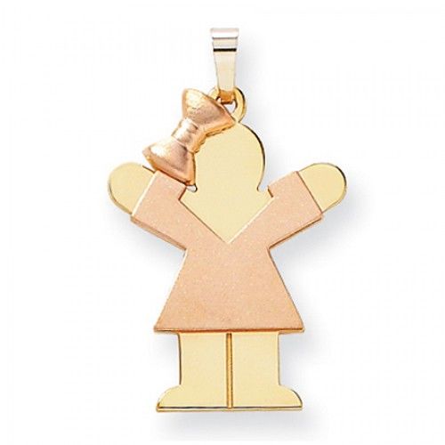 Two-Tone Standing Girl W/ Cute Ribbon Love Pendant in 14k Rose & Yellow Gold