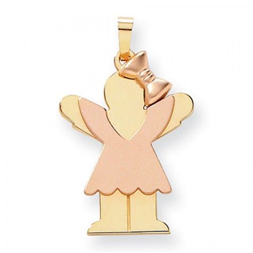 Two-Tone Girl Wearing a Lovely Ribbon Love Pendant in 14k Rose & Yellow Gold