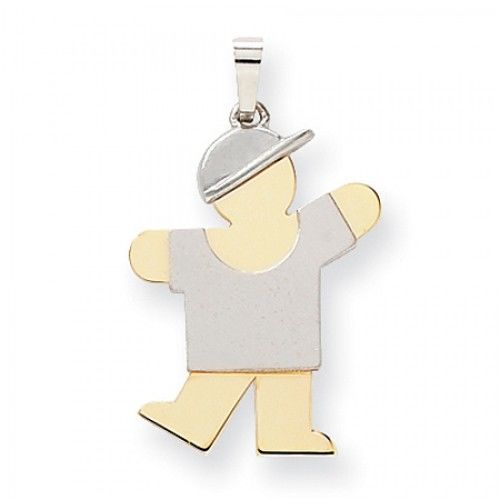 Two-Tone Waving Boy W/ Cap On Left Kiss Pendant in 14k White & Yellow Gold