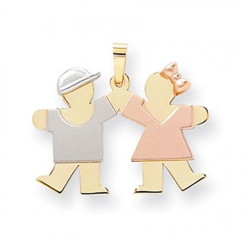 Tri-Color Boy and Girl Holding Hands Kiss Pendant in 14k Tri Color Gold