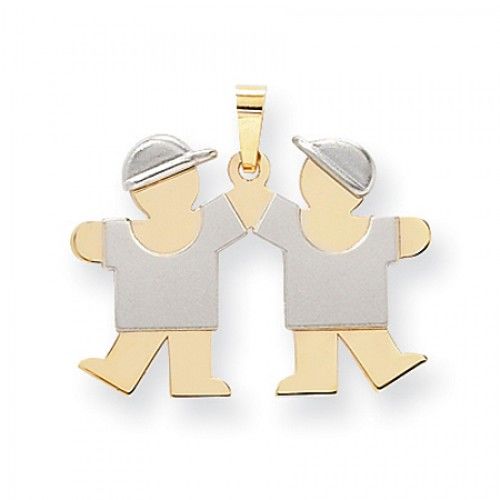 Two-Tone Two Boys Holding Hands Kiss Pendant in 14k White & Yellow Gold
