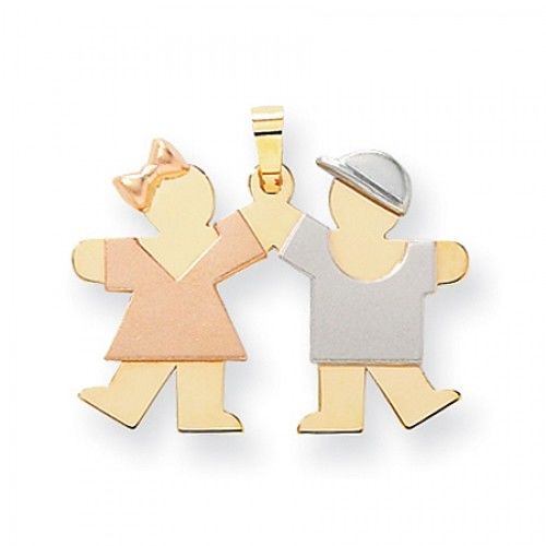 Tri-Color Girl and Boy Holding Hands Kiss Pendant in 14k Tri Color Gold