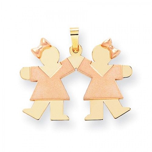 Two-Tone Girls Holding Hands Kiss Pendant in 14k Rose & Yellow Gold