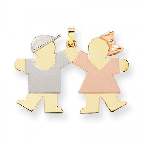 Tri-Color Girl & Boy Hand Holding Kiss Pendant in 14k Tri Color Gold