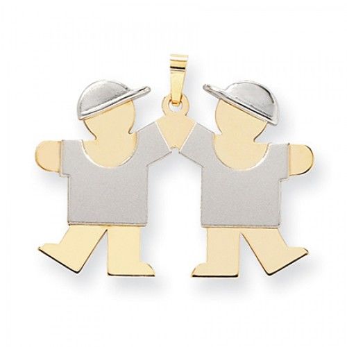 Two-Tone Two Boys Hand Holding Kiss Pendant in 14k White & Yellow Gold