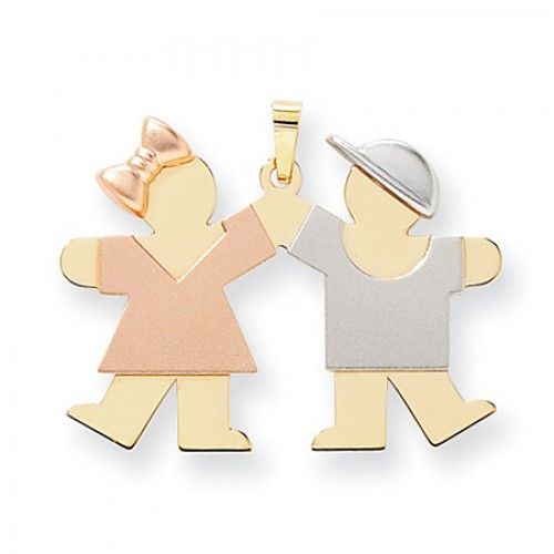 Tri-Color Boy & Girl Hand Holding Kiss Pendant in 14k Tri Color Gold
