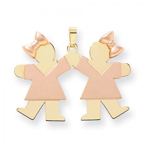 Two-Tone Double Girls Holding Hands Kiss Pendant in 14k Rose & Yellow Gold