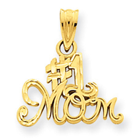 14k Yellow Gold #1 Mom Script Font - Flower Outline Mom Pendant