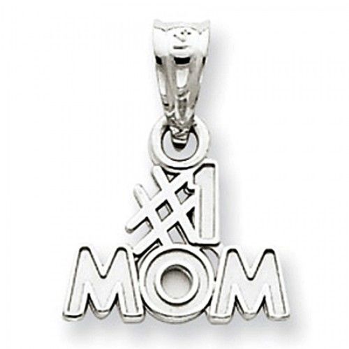 14k White Gold #1 Mom Script Font - Flower Outline Mom Pendant