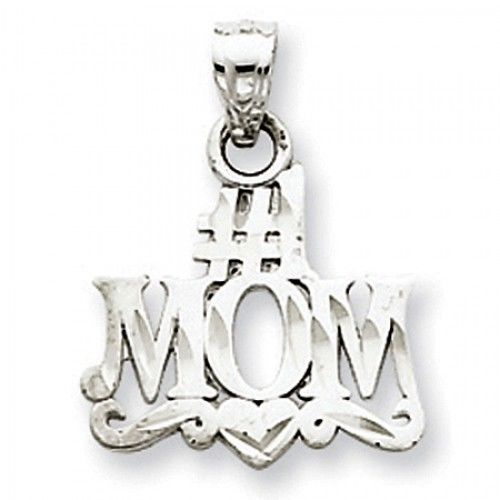 14k White Gold #1 Mom Perched On Heart Mom Pendant