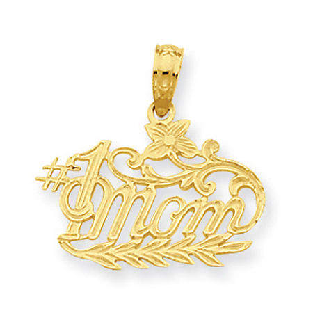 14k Yellow Gold #1 Mom Script with Vine and Flower Mom Pendant