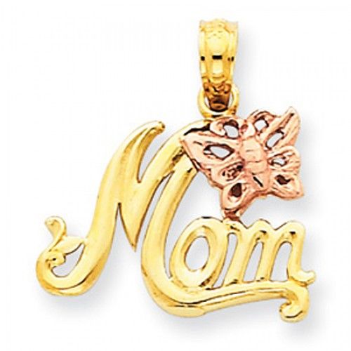 14k Rose and Yellow Gold Two-Tone Mom with Butterfly Mom Pendant