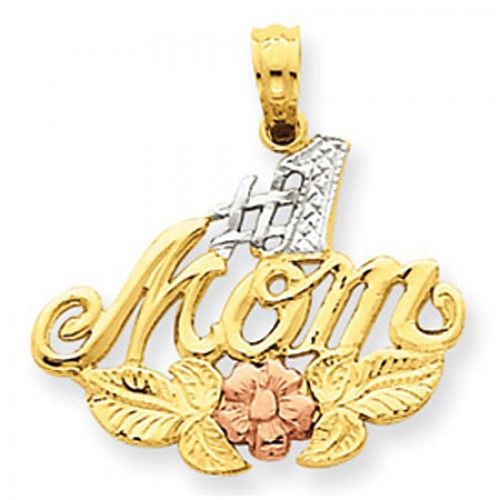 14k Rose and Yellow Gold Tri-Color #1 Mom with Flower Mom Pendant