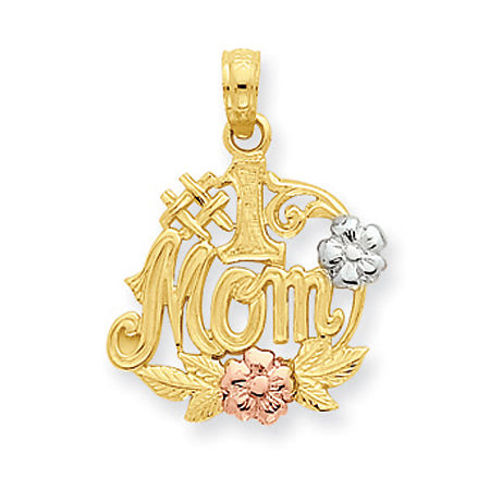 14k Rose and Yellow Gold Tri-Color #1 Mom with Flowers Mom Pendant