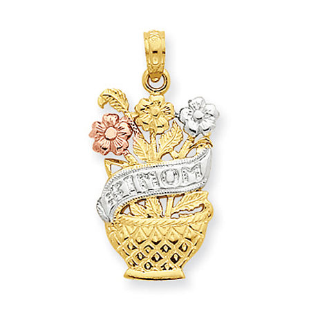 14k Rose and Yellow Gold Tri-Color #1 Mom in a Pot of Flowers Mom Pendant