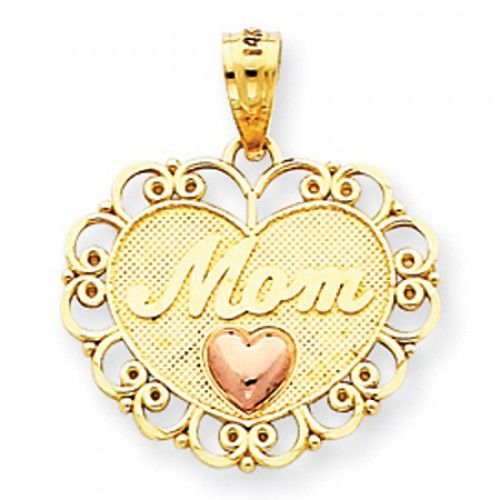14k Rose and Yellow Gold Two-Tone Heart with Frilly Border Mom Pendant