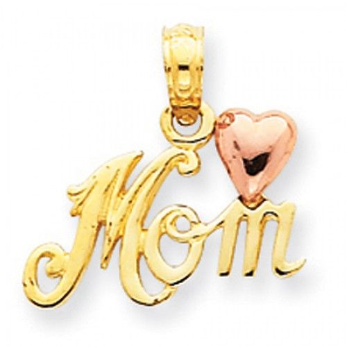 14k Rose and Yellow Gold Mom Script with Puffy Heart Mom Pendant