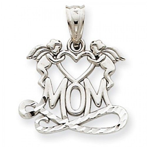 14k White Gold Angels Holding a Heart Mom Pendant