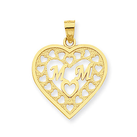 14k Yellow Gold Heart Pattern Outline Mom Pendant