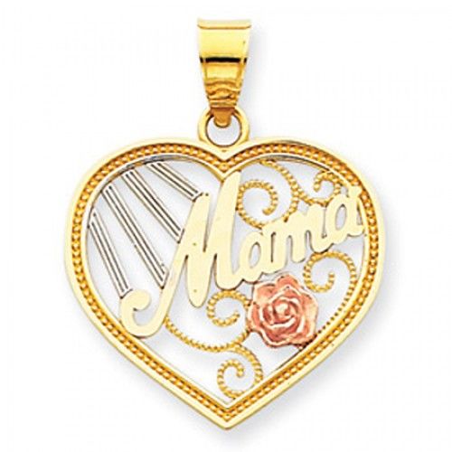 14k Rose and Yellow Gold Sun Ray Mom in Heart Mom Pendant