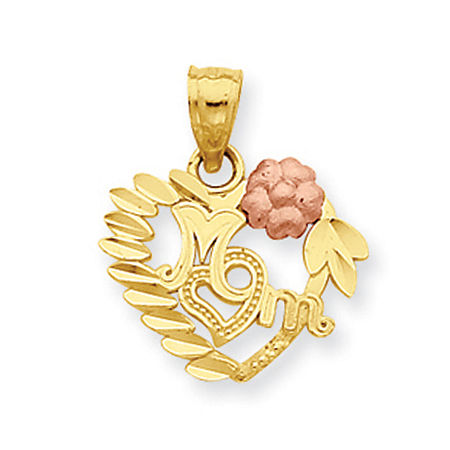 14k Rose and Yellow Gold Two-Tone Pink Flower and Heart Mom Pendant