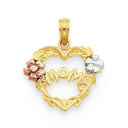 14k Rose and Yellow Gold Tri-Color Heart Wreath Mom Pendant