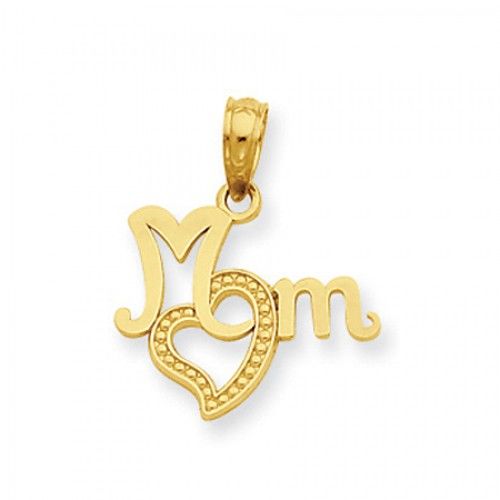 14k Yellow Gold Mom with Text Heart Mom Pendant