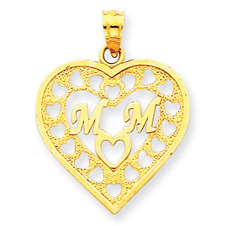 14k Yellow Gold Pattern Heart Outlined W/ Mom Text Mom Pendant