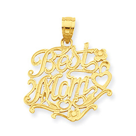 14k Yellow Gold Cursive 'Best Mom' W/ Floral Design Mom Pendant
