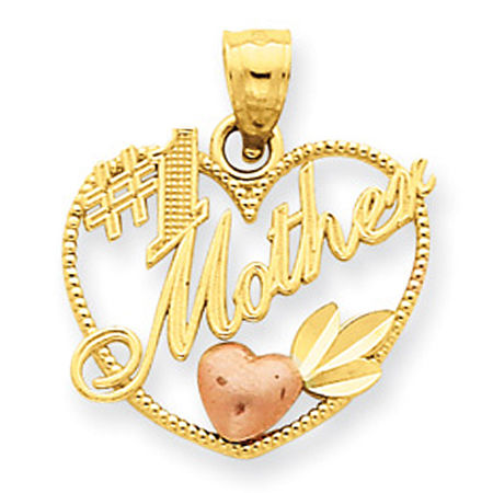 14k Rose and Yellow Gold #1 Mother with Heart and Leaf Design Mom Pendant
