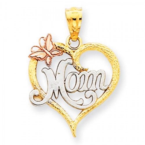 14k Rose and Yellow Gold Two-Tone Mom with Cute Flying Butterfly Mom Pendant