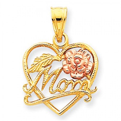 14k Rose and Yellow Gold Two-Tone Mom W/ Flower and Intricate Leaf Mom Pendant
