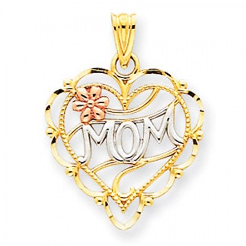 14k Rose and Yellow Gold Decorated Mom W/ Flower Mom Pendant