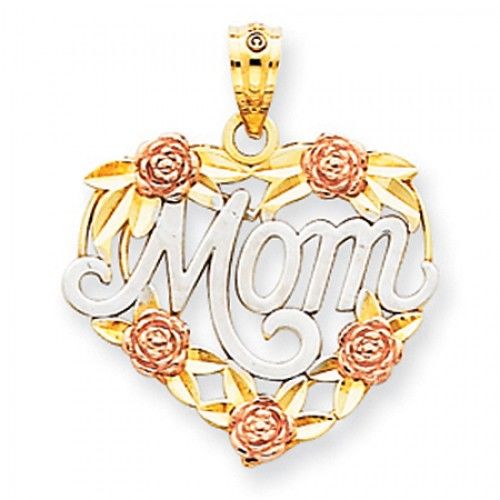 14k Rose and Yellow Gold Two-Tone Mom with Flower & Heart Frame Mom Pendant